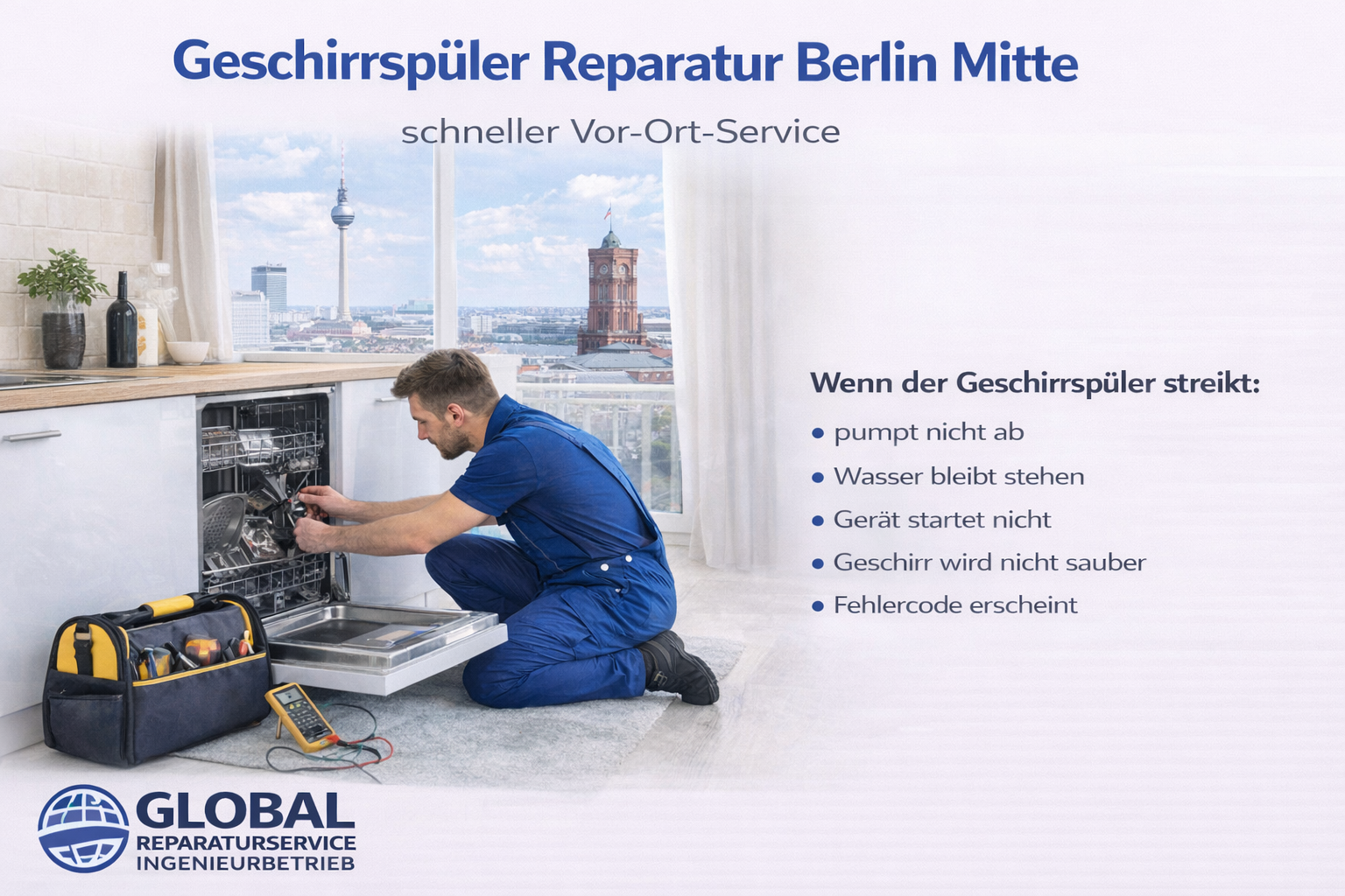 Geschirrspüler Reparatur Service in Berlin Mitte – Techniker von Global Reparaturservice repariert defekten Geschirrspüler vor Ort
