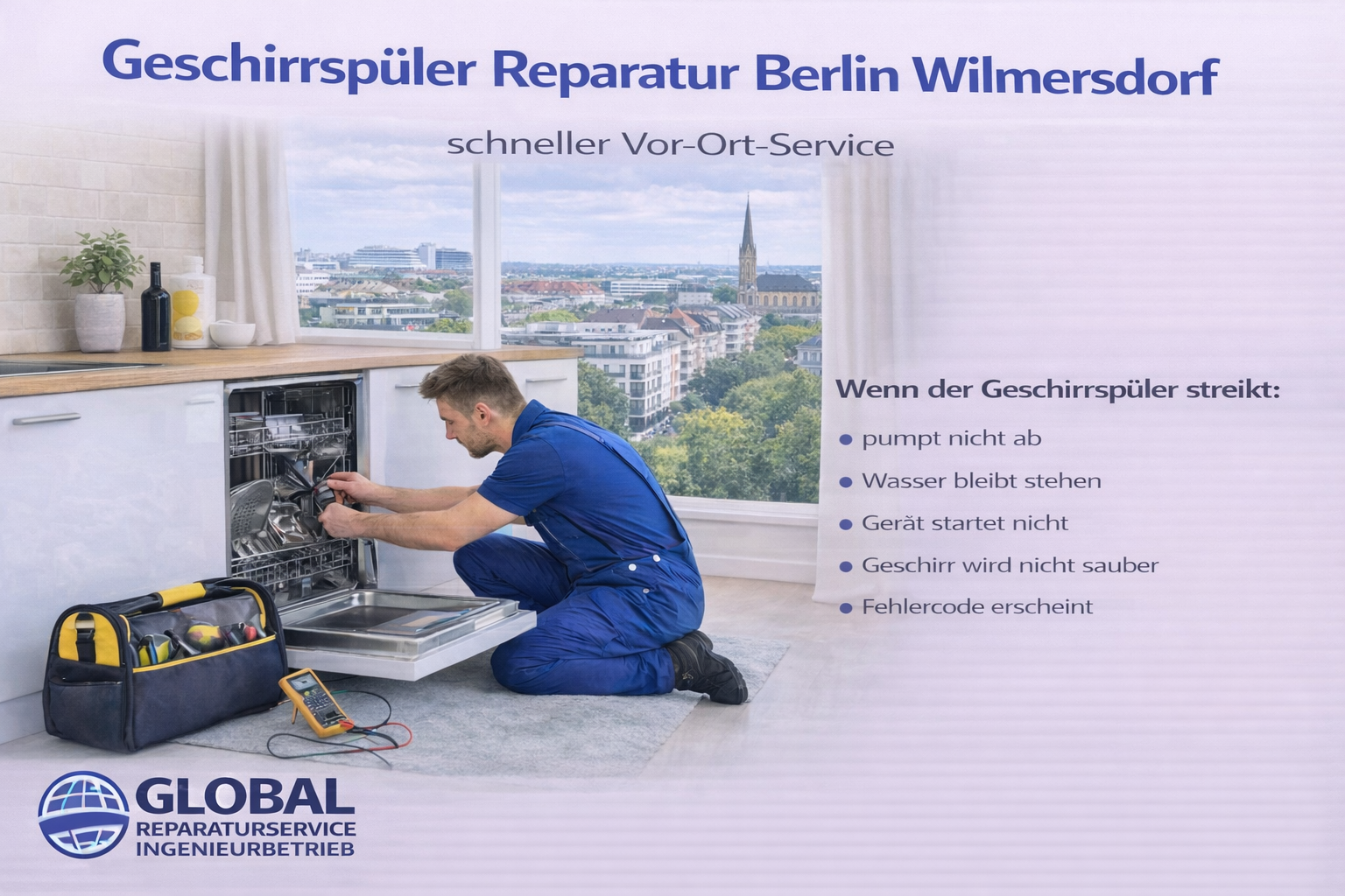 Geschirrspüler Reparatur Berlin Wilmersdorf – Techniker überprüft defektes Gerät in moderner Küche