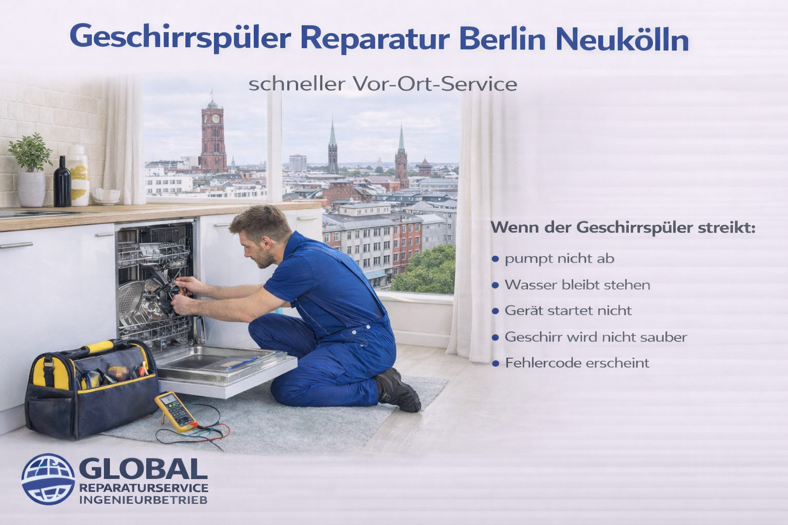 Global Reparaturservice Techniker repariert Geschirrspüler in Berlin Neukölln – schneller Vor-Ort-Kundendienst für Haushaltsgeräte