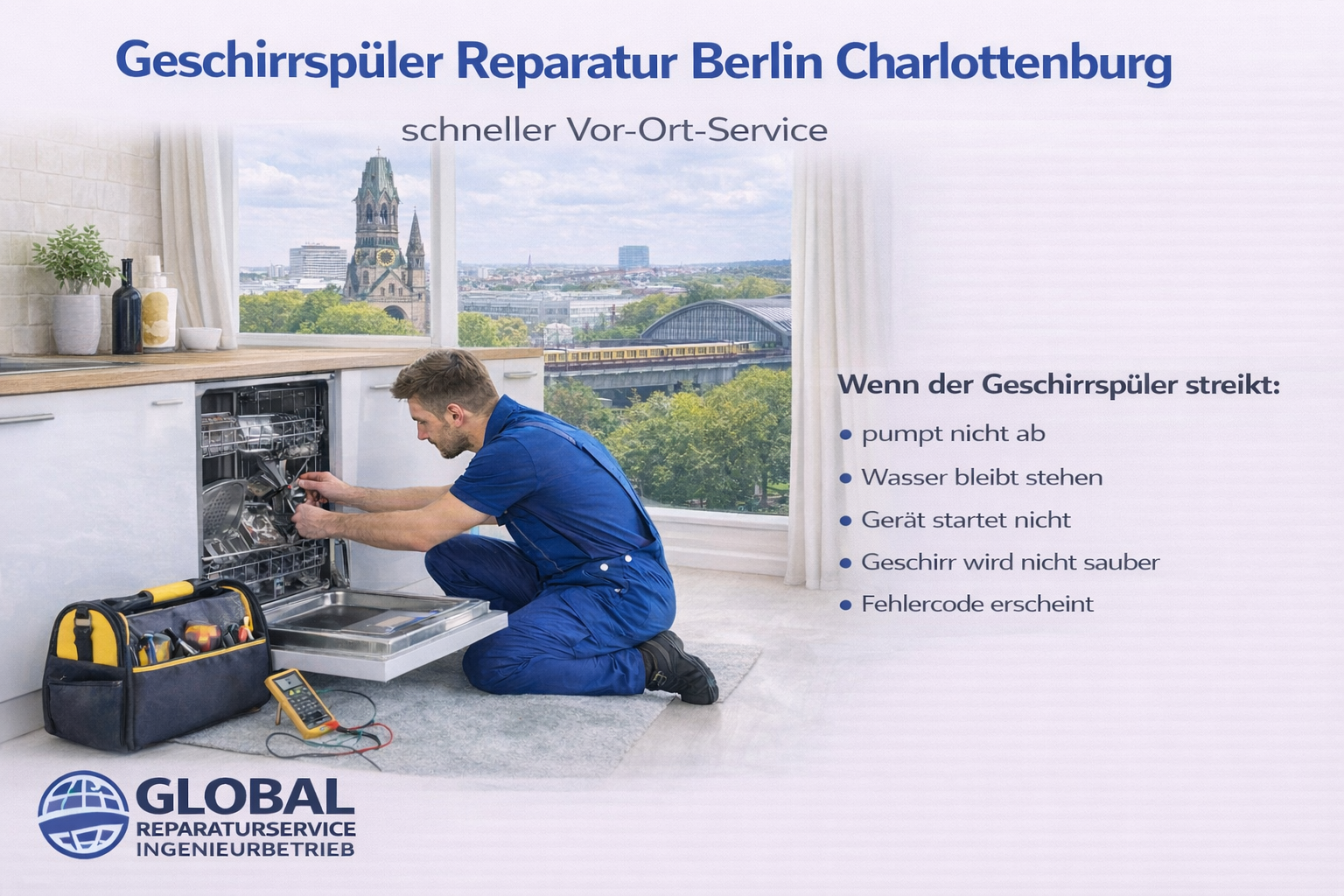 Geschirrspüler Reparatur in Berlin Charlottenburg durch Global Reparaturservice – Vor-Ort-Techniker arbeitet an Einbau-Geschirrspüler