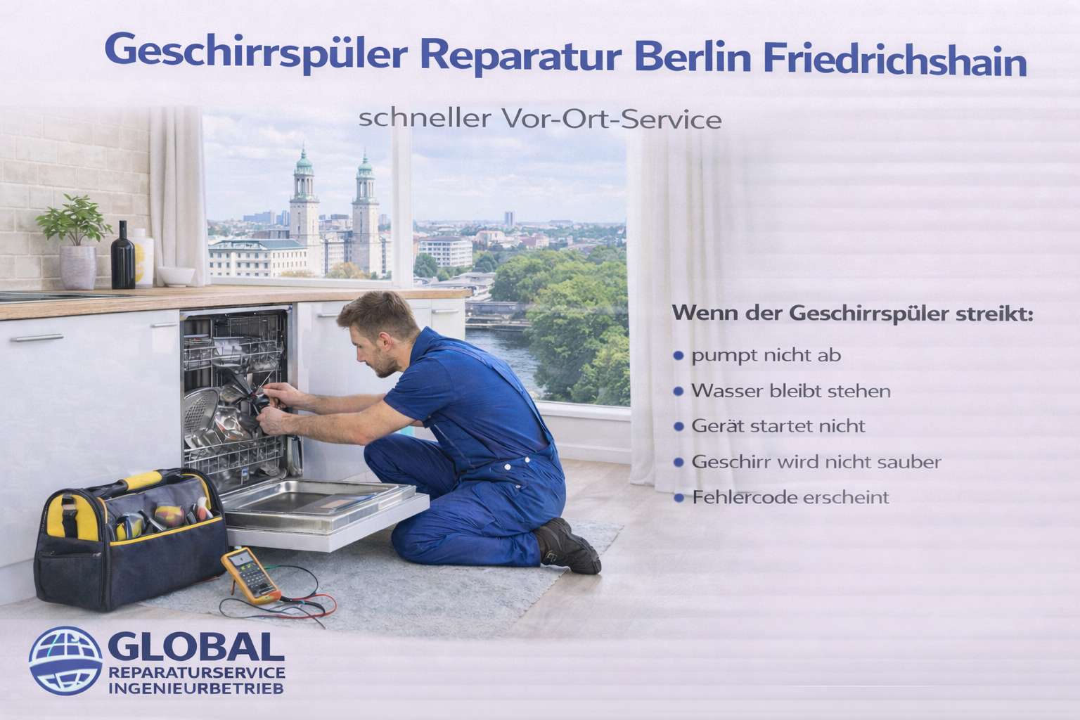 Techniker repariert Geschirrspüler in Berlin Friedrichshain – professioneller Haushaltsgeräte Reparaturservice vor Ort