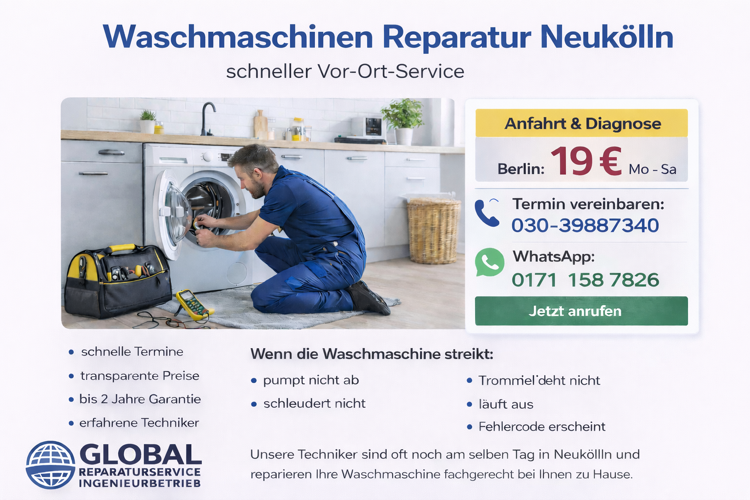 Techniker repariert Waschmaschine in Berlin-Neukölln