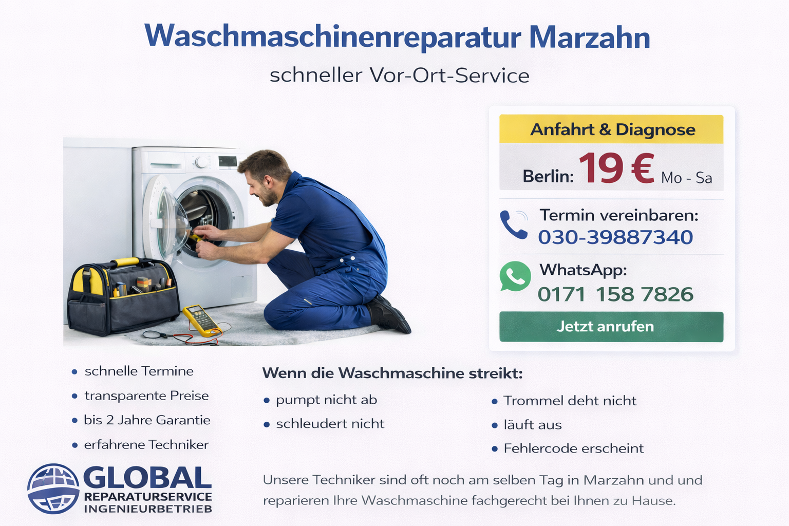 Waschmaschinen Reparatur Berlin Marzahn ab 19 € | Global Reparaturservice