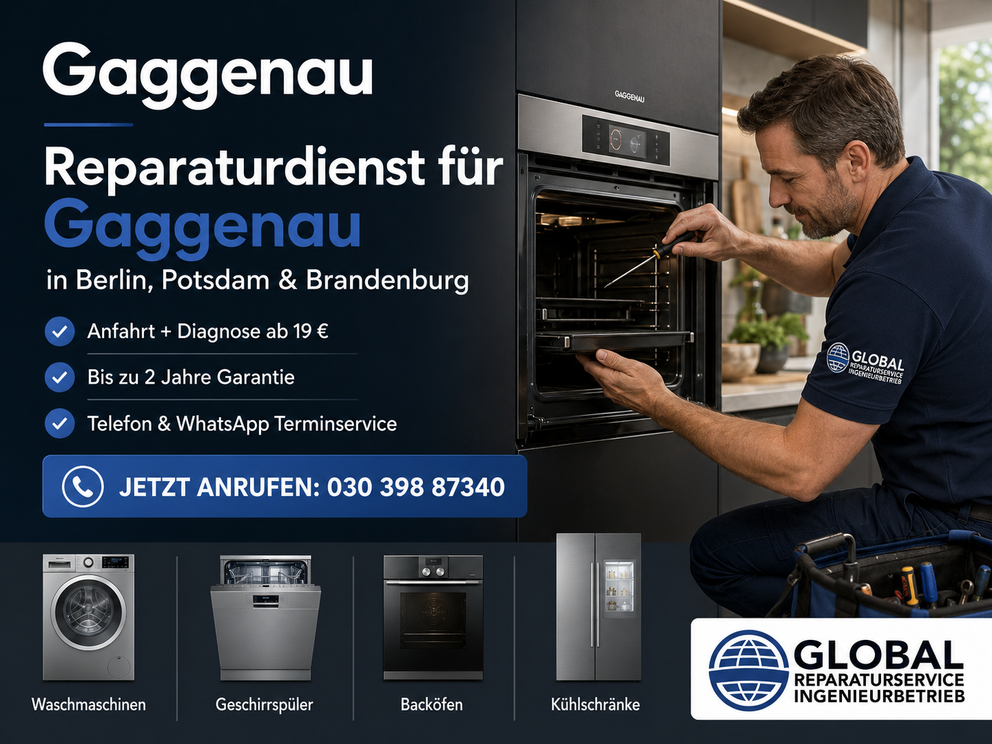 Gaggenau Haushaltsgeräte Reparatur Berlin – Global Reparaturservice Techniker vor Ort (Potsdam & Brandenburg)