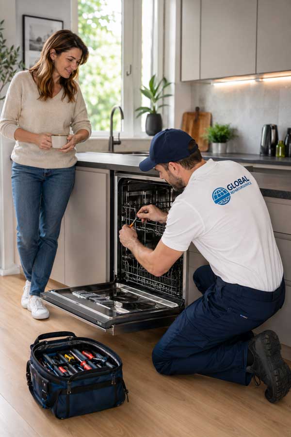 Techniker von Global-Reparaturservice bei der Reparatur des Geschirrspülers