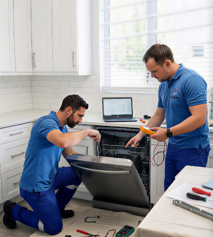 Techniker repariert Miele-Geschirrspüler bei Global-Reparaturservice in Berlin