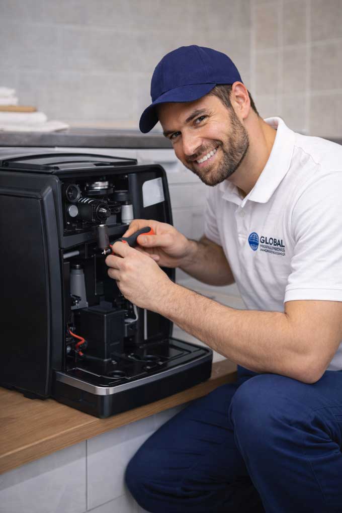 techniker-repariert-Kaffeemaschine-in-global-reparaturservice-werkstatt